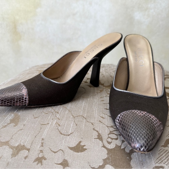 Gucci satin and snake skin leather slides 6C wide - Picture 7 of 9